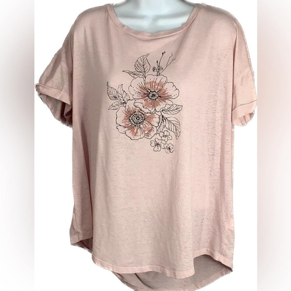 Maurices XL 1X 2X Top Pink OVERSIZED Flower Print Distressed Blouse Soft Shirt